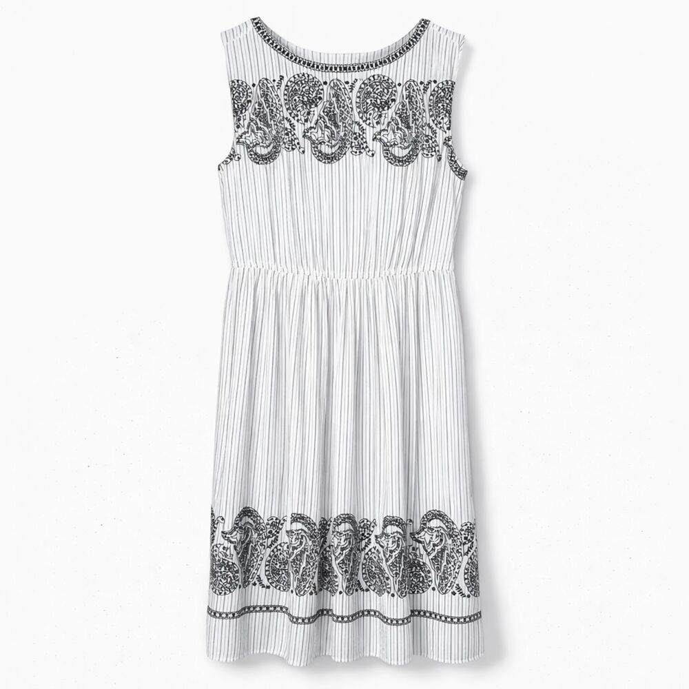 LOFT SLEEVELESS EMBROIDERED STRIPED CASUAL CLASSIC EVENT WEDDING GUEST DRESS MED